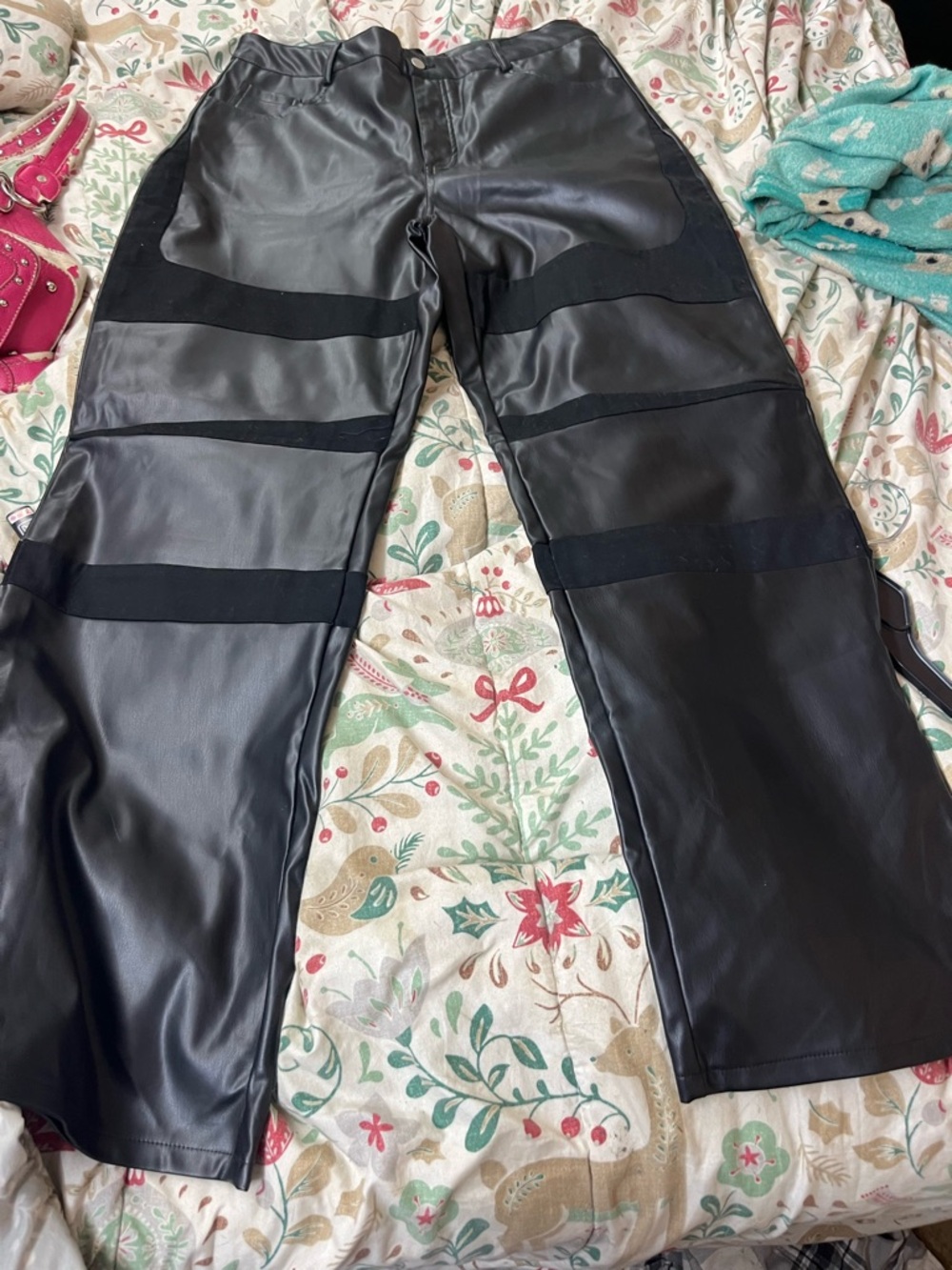 Fashion Nova Faux Leather Panel Wide-Leg Pants in Black Sz Lg